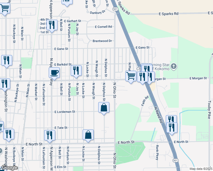 map of restaurants, bars, coffee shops, grocery stores, and more near 1905 North Ohio Street in Kokomo