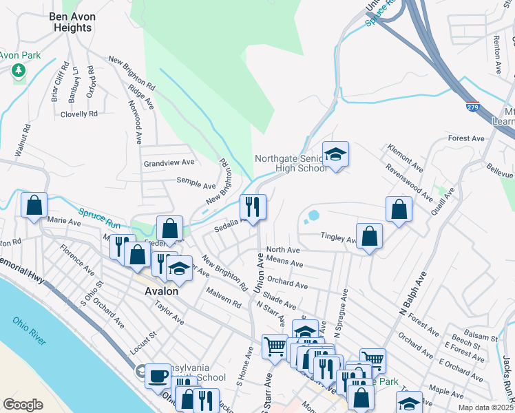 map of restaurants, bars, coffee shops, grocery stores, and more near 80 Union Avenue in Pittsburgh