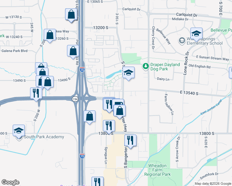 map of restaurants, bars, coffee shops, grocery stores, and more near 13598 Florenza Way in Draper