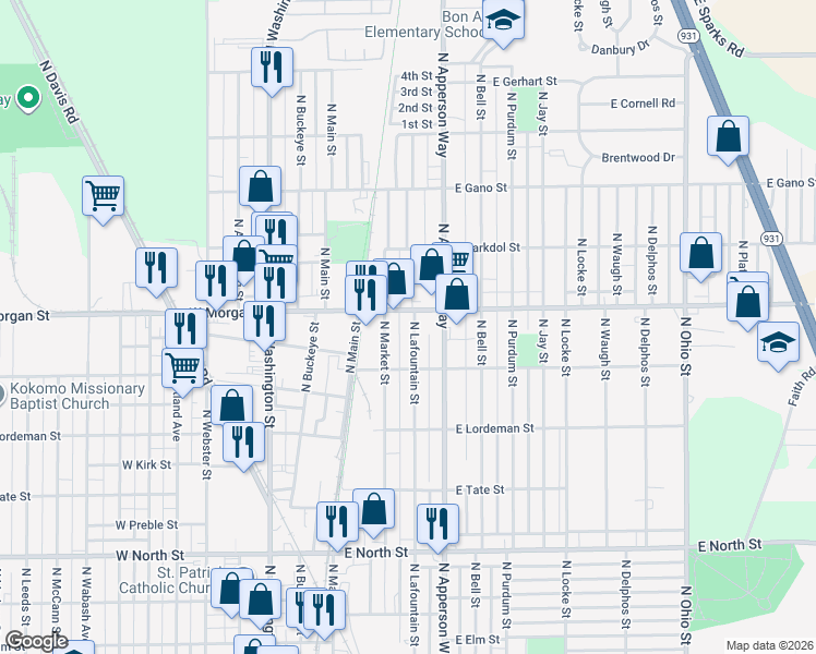 map of restaurants, bars, coffee shops, grocery stores, and more near 2009 North Lafountain Street in Kokomo
