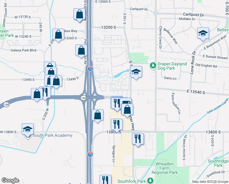 map of restaurants, bars, coffee shops, grocery stores, and more near 13588 South Luscerno Drive in Draper