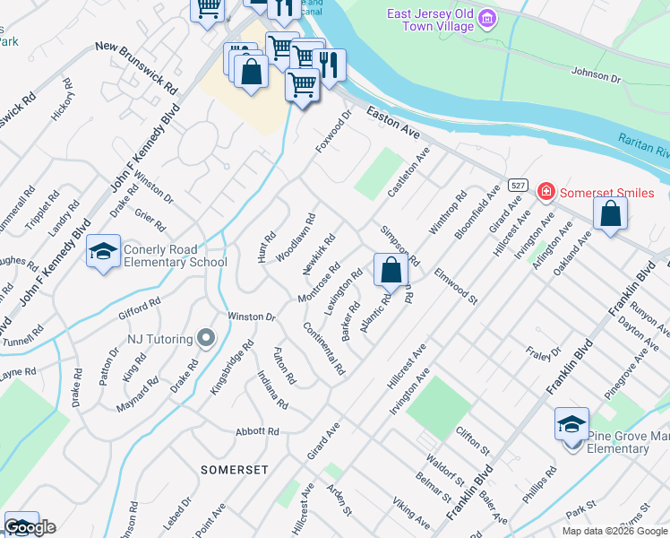 map of restaurants, bars, coffee shops, grocery stores, and more near 15 Montrose Road in Franklin Township