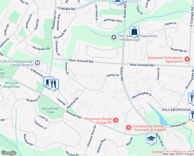 map of restaurants, bars, coffee shops, grocery stores, and more near 165 Capricorn Drive in Somerset County