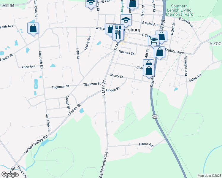 map of restaurants, bars, coffee shops, grocery stores, and more near 506 Linden Street in Coopersburg