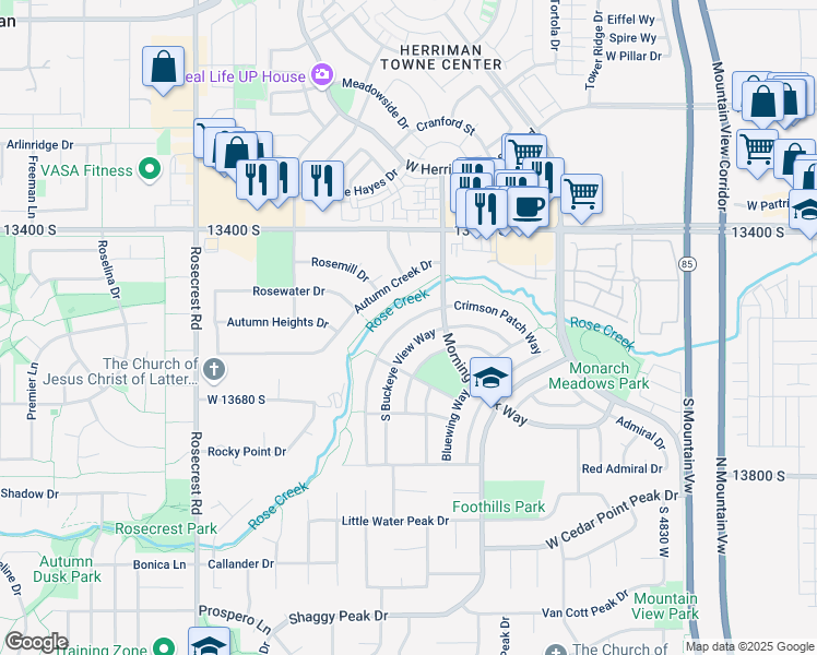 map of restaurants, bars, coffee shops, grocery stores, and more near 13571 South Buckeye View Way in Riverton
