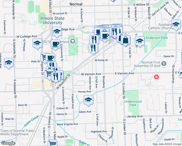 map of restaurants, bars, coffee shops, grocery stores, and more near 302 Vernon Avenue in Normal