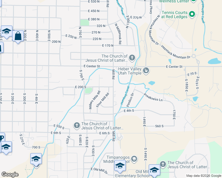 map of restaurants, bars, coffee shops, grocery stores, and more near 241 Flour Mill Road in Heber City