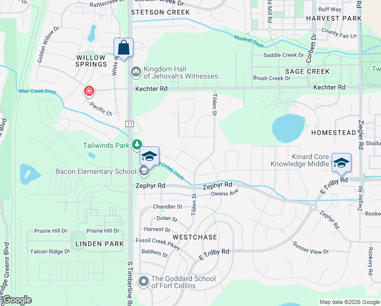 map of restaurants, bars, coffee shops, grocery stores, and more near 2331 Lodgepole Creek Drive in Fort Collins