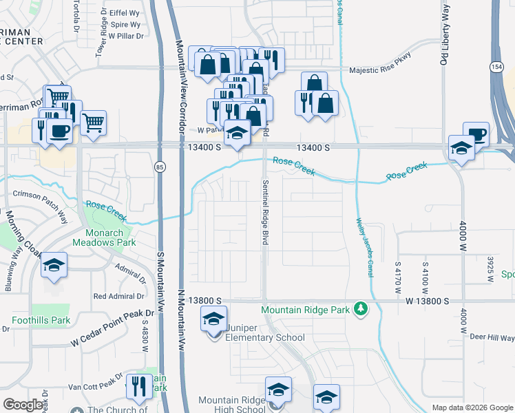 map of restaurants, bars, coffee shops, grocery stores, and more near Sentinel Ridge Boulevard in Riverton
