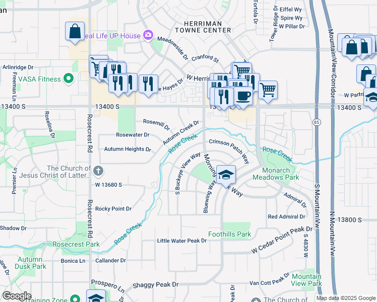 map of restaurants, bars, coffee shops, grocery stores, and more near 13571 South Buckeye View Way in Riverton