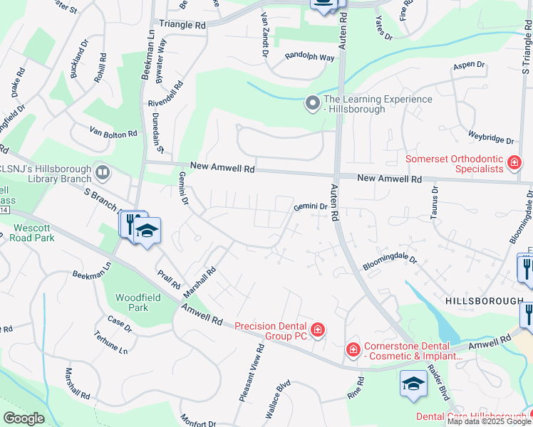 map of restaurants, bars, coffee shops, grocery stores, and more near 165 Capricorn Drive in Somerset County
