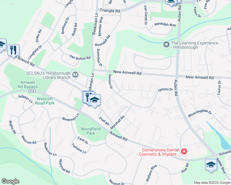 map of restaurants, bars, coffee shops, grocery stores, and more near 21 Dorchester Court in Somerset County