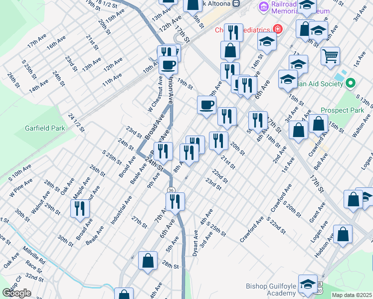map of restaurants, bars, coffee shops, grocery stores, and more near 2222-24 8th Ave in Altoona