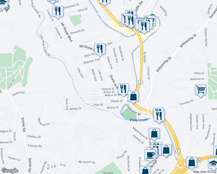 map of restaurants, bars, coffee shops, grocery stores, and more near 37 Vilsack Street in Pittsburgh