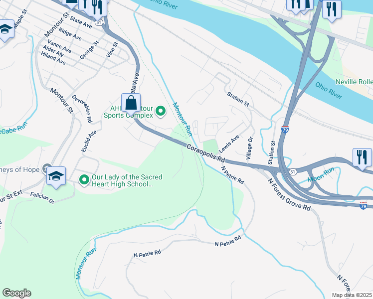 map of restaurants, bars, coffee shops, grocery stores, and more near 2614 Carina Lane in Coraopolis