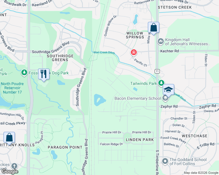 map of restaurants, bars, coffee shops, grocery stores, and more near 6015 County Road 11 in Fort Collins