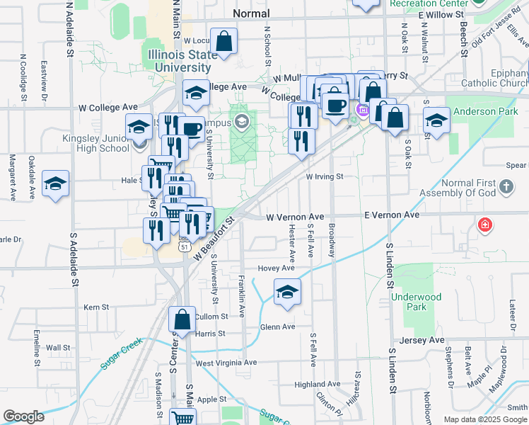 map of restaurants, bars, coffee shops, grocery stores, and more near 410 West Vernon Avenue in Normal