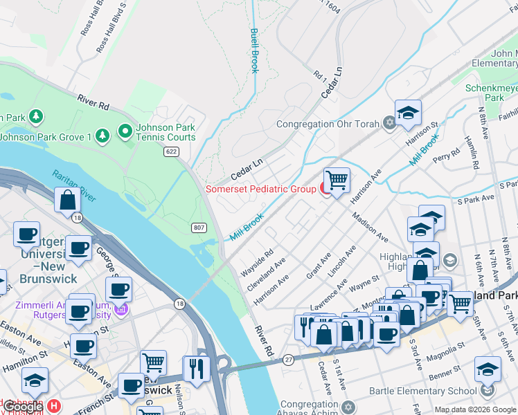 map of restaurants, bars, coffee shops, grocery stores, and more near 55 Lambiance Court in Highland Park