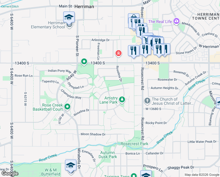 map of restaurants, bars, coffee shops, grocery stores, and more near 5796 Premier Lane in Herriman