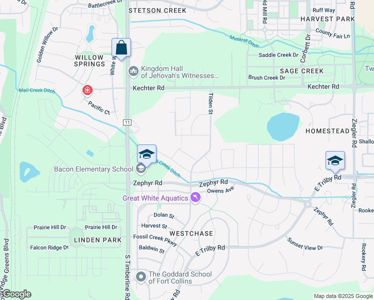 map of restaurants, bars, coffee shops, grocery stores, and more near 2331 Lodgepole Creek Drive in Fort Collins