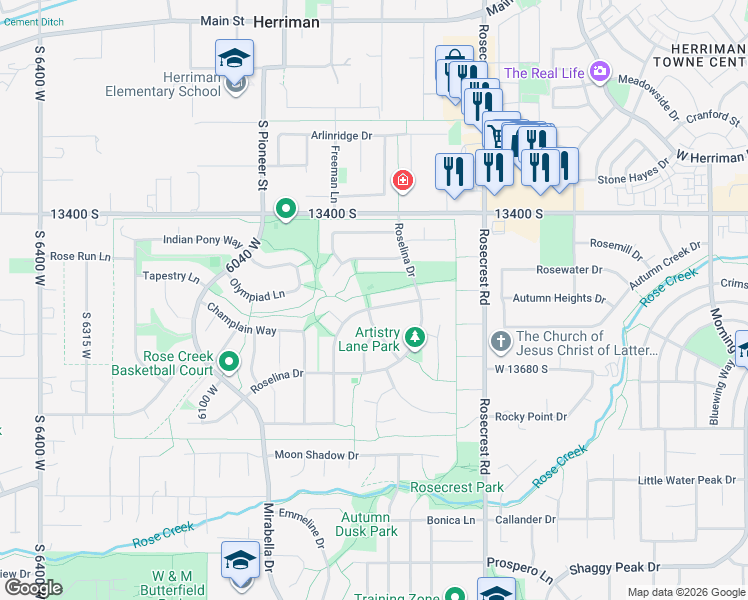 map of restaurants, bars, coffee shops, grocery stores, and more near 5796 Premier Lane in Herriman