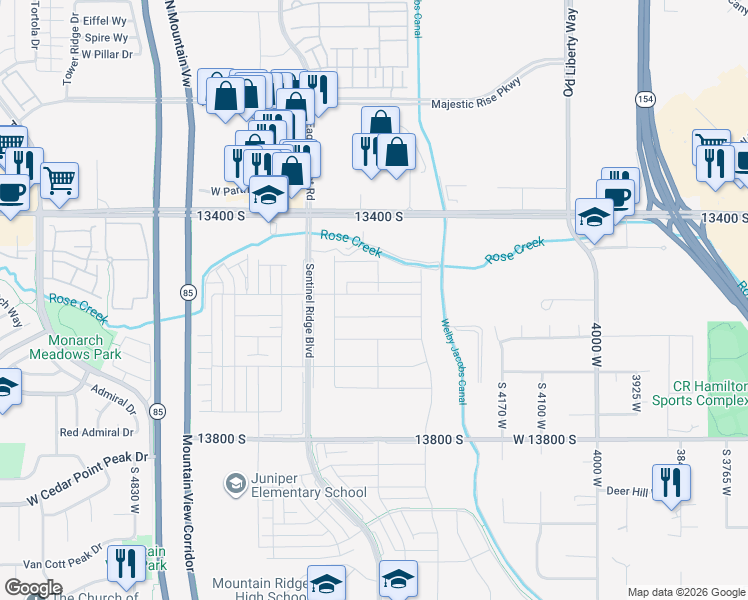 map of restaurants, bars, coffee shops, grocery stores, and more near 4405 Templar Drive in Riverton