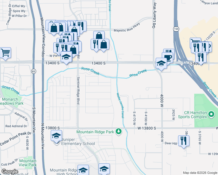 map of restaurants, bars, coffee shops, grocery stores, and more near 4401 West 13400 South in Riverton
