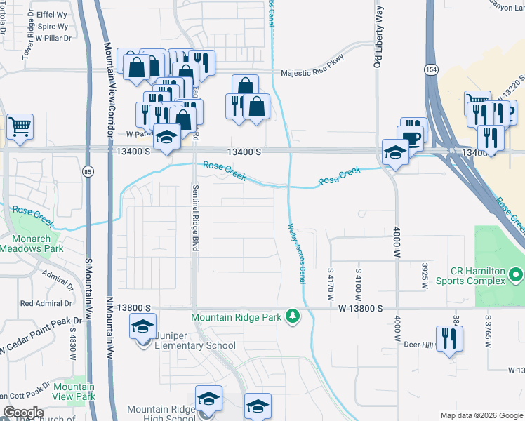 map of restaurants, bars, coffee shops, grocery stores, and more near 4345 Templar Drive in Riverton