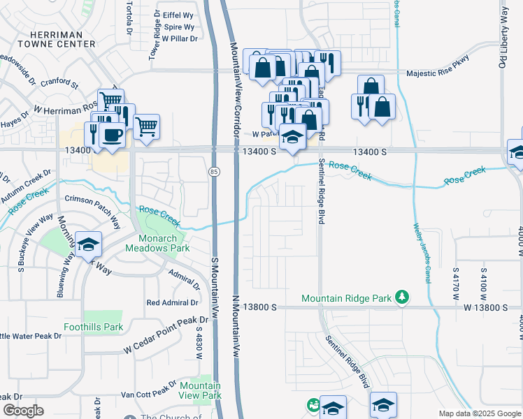 map of restaurants, bars, coffee shops, grocery stores, and more near Mountain View Corridor Trail in Riverton