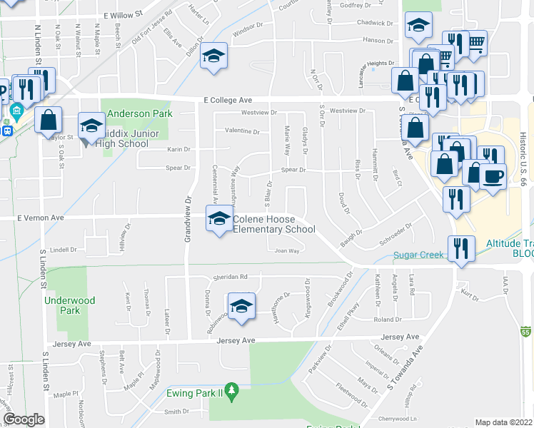 map of restaurants, bars, coffee shops, grocery stores, and more near 1299 East Vernon Avenue in Normal