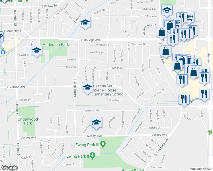 map of restaurants, bars, coffee shops, grocery stores, and more near 1301 East Vernon Avenue in Normal