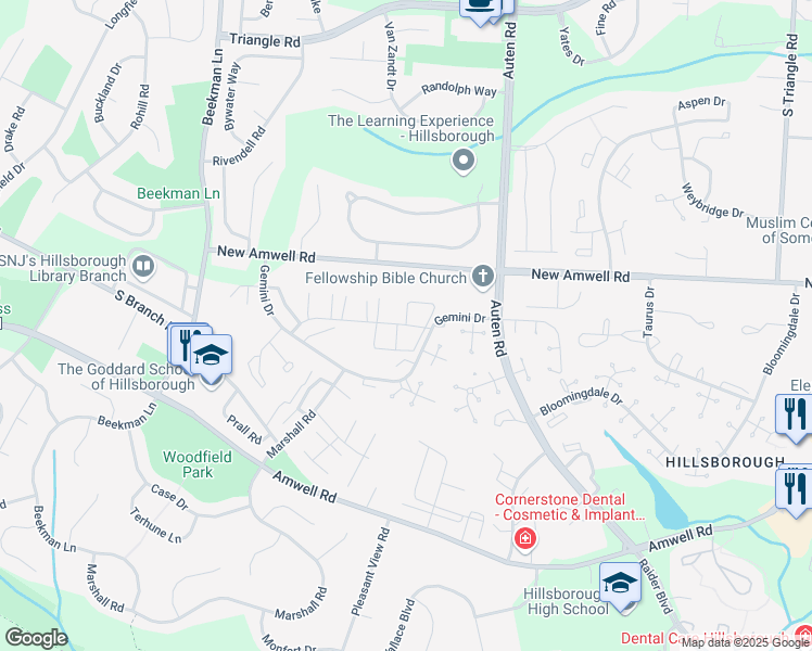 map of restaurants, bars, coffee shops, grocery stores, and more near 161 Capricorn Drive in Hillsborough Township