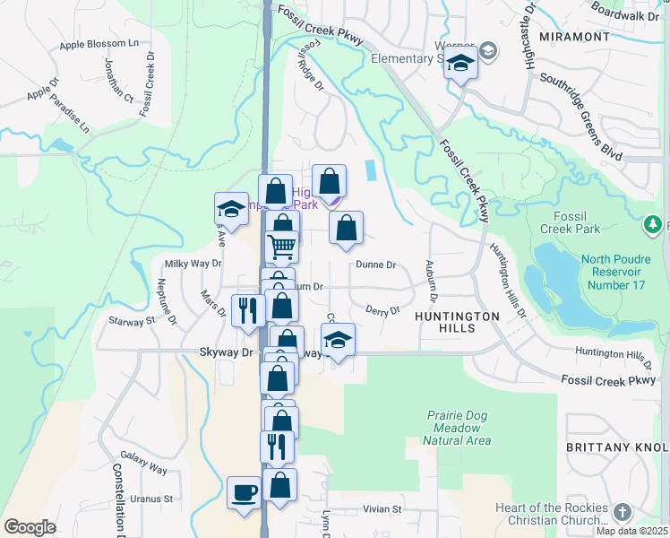 map of restaurants, bars, coffee shops, grocery stores, and more near 5807 Derry Drive in Fort Collins