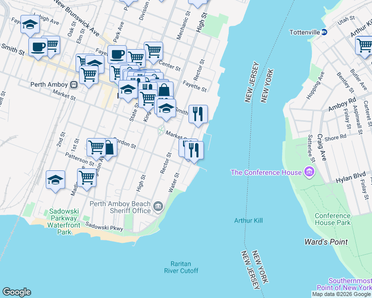 map of restaurants, bars, coffee shops, grocery stores, and more near 202 Front Street in Perth Amboy
