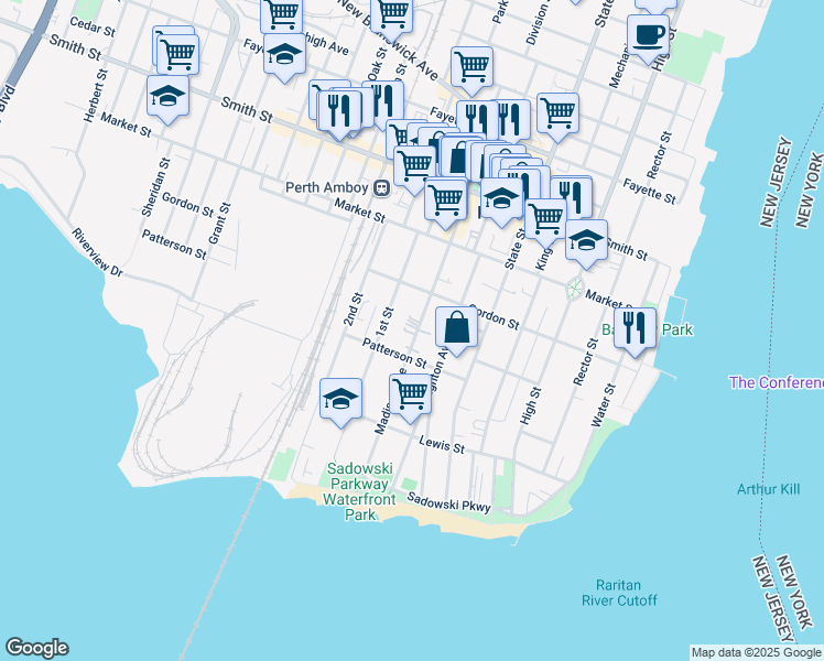 map of restaurants, bars, coffee shops, grocery stores, and more near 52 Madison Avenue in Perth Amboy