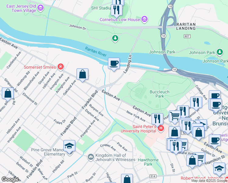 map of restaurants, bars, coffee shops, grocery stores, and more near 318 Easton Avenue in New Brunswick