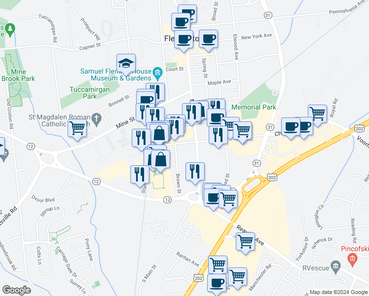 map of restaurants, bars, coffee shops, grocery stores, and more near 185 Main Street in Flemington