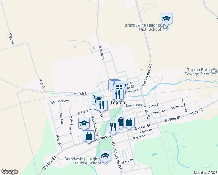 map of restaurants, bars, coffee shops, grocery stores, and more near 32 North Main Street in Topton