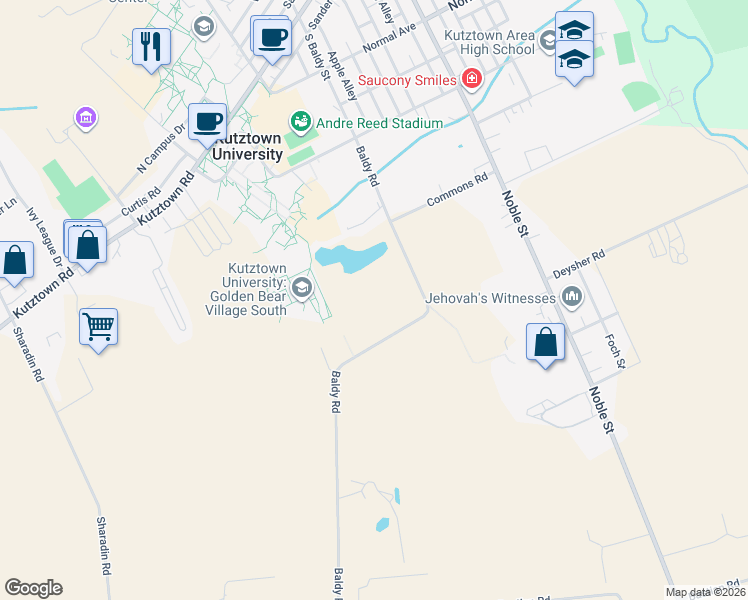 map of restaurants, bars, coffee shops, grocery stores, and more near 528-554 Baldy Road in Kutztown