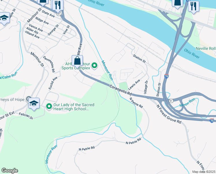 map of restaurants, bars, coffee shops, grocery stores, and more near 2614 Carina Lane in Coraopolis