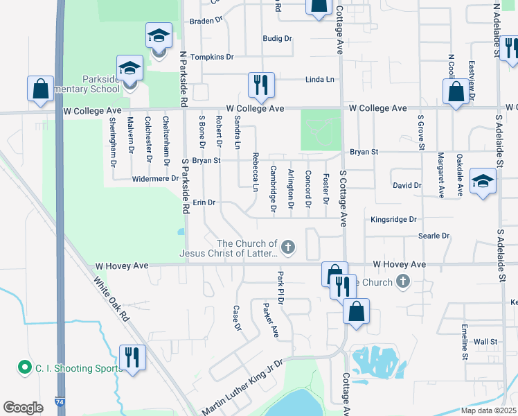 map of restaurants, bars, coffee shops, grocery stores, and more near 1629 Erin Drive in Normal