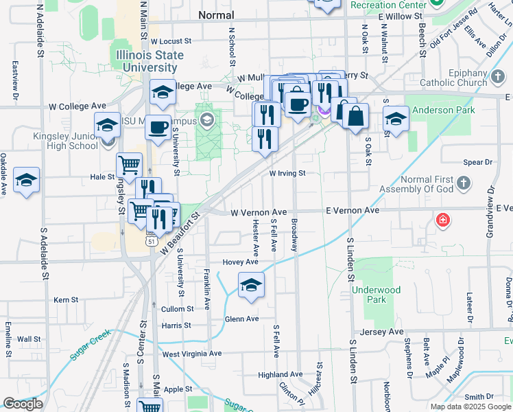 map of restaurants, bars, coffee shops, grocery stores, and more near 302 West Vernon Avenue in Normal