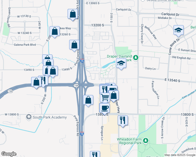 map of restaurants, bars, coffee shops, grocery stores, and more near 13554 Bella Monte Drive in Draper