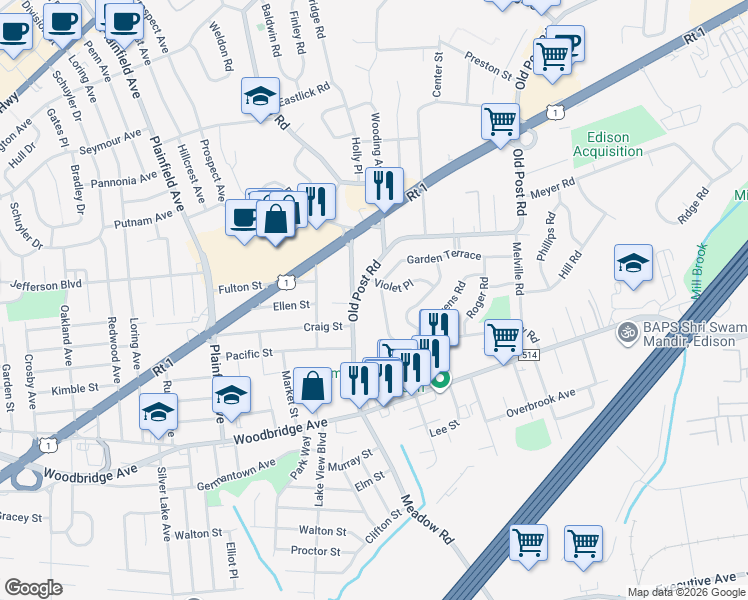 map of restaurants, bars, coffee shops, grocery stores, and more near 89 Old Post Road in Edison