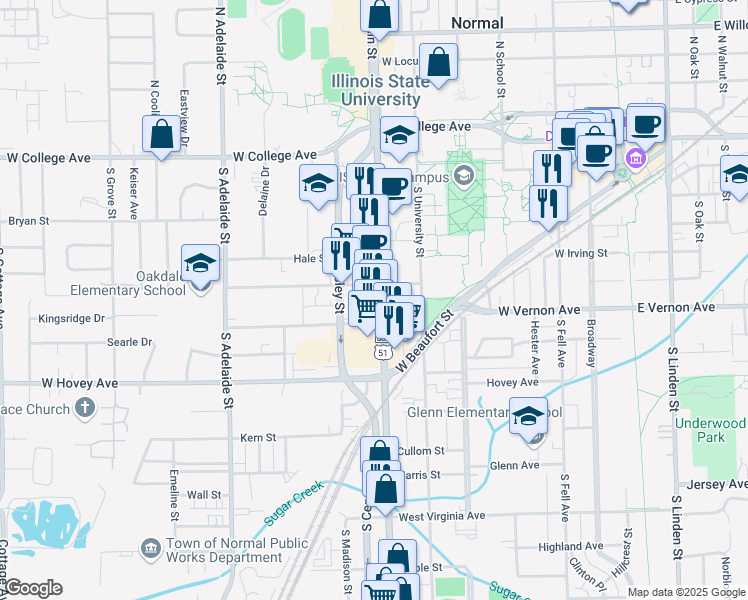 map of restaurants, bars, coffee shops, grocery stores, and more near 603 South Main Street in Normal