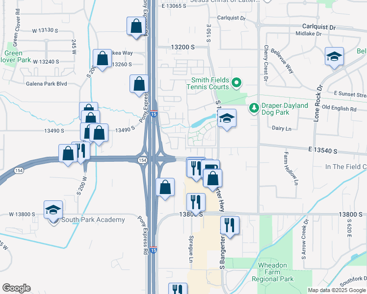 map of restaurants, bars, coffee shops, grocery stores, and more near 13554 Bella Monte Drive in Draper