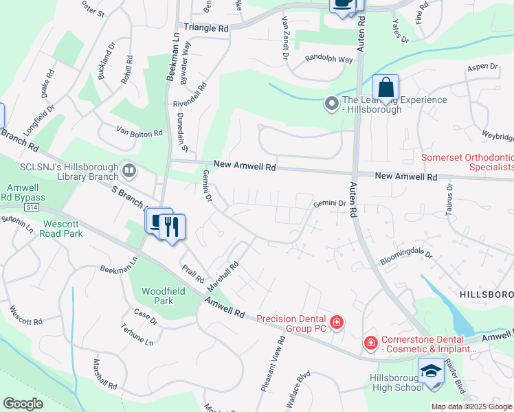 map of restaurants, bars, coffee shops, grocery stores, and more near 348 Gemini Drive in Somerset County