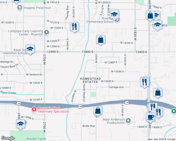 map of restaurants, bars, coffee shops, grocery stores, and more near 2278 West 13550 South in Riverton