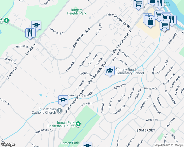 map of restaurants, bars, coffee shops, grocery stores, and more near 107 Drake Road in Franklin Township