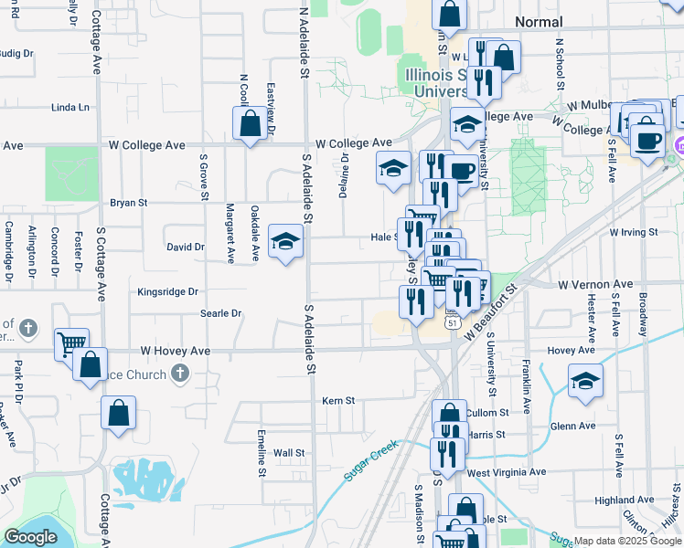 map of restaurants, bars, coffee shops, grocery stores, and more near 802 Osage Street in Normal